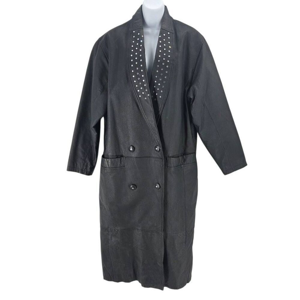 Vintage Real Leather Studded Lapel Longline Coat – Black XL